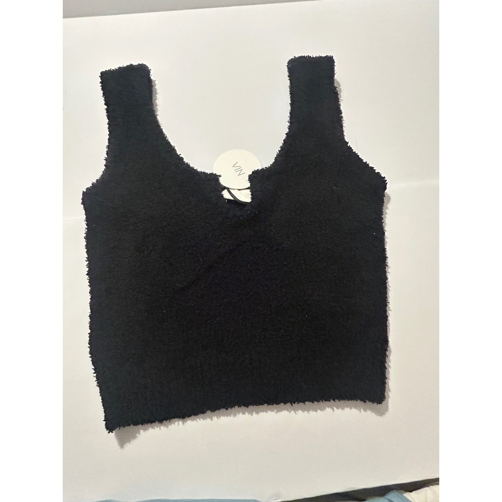Nia the Brand Black Fuzzy Knit V-Neck Cropped Tank Top XS NEW Preppy Goth